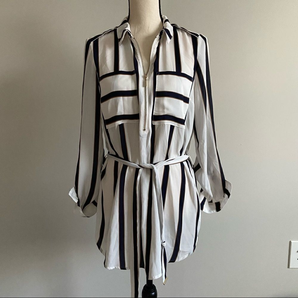 Dynamite White & Navy Striped Shirt Dress
